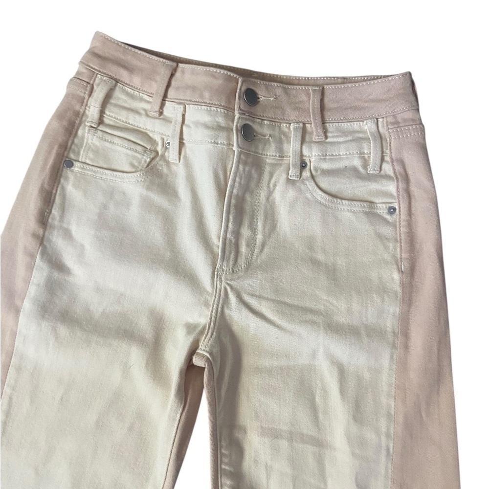AQUA Two-Tone Split Hem Flare Jeans Size 27 Beige/Cream High Rise